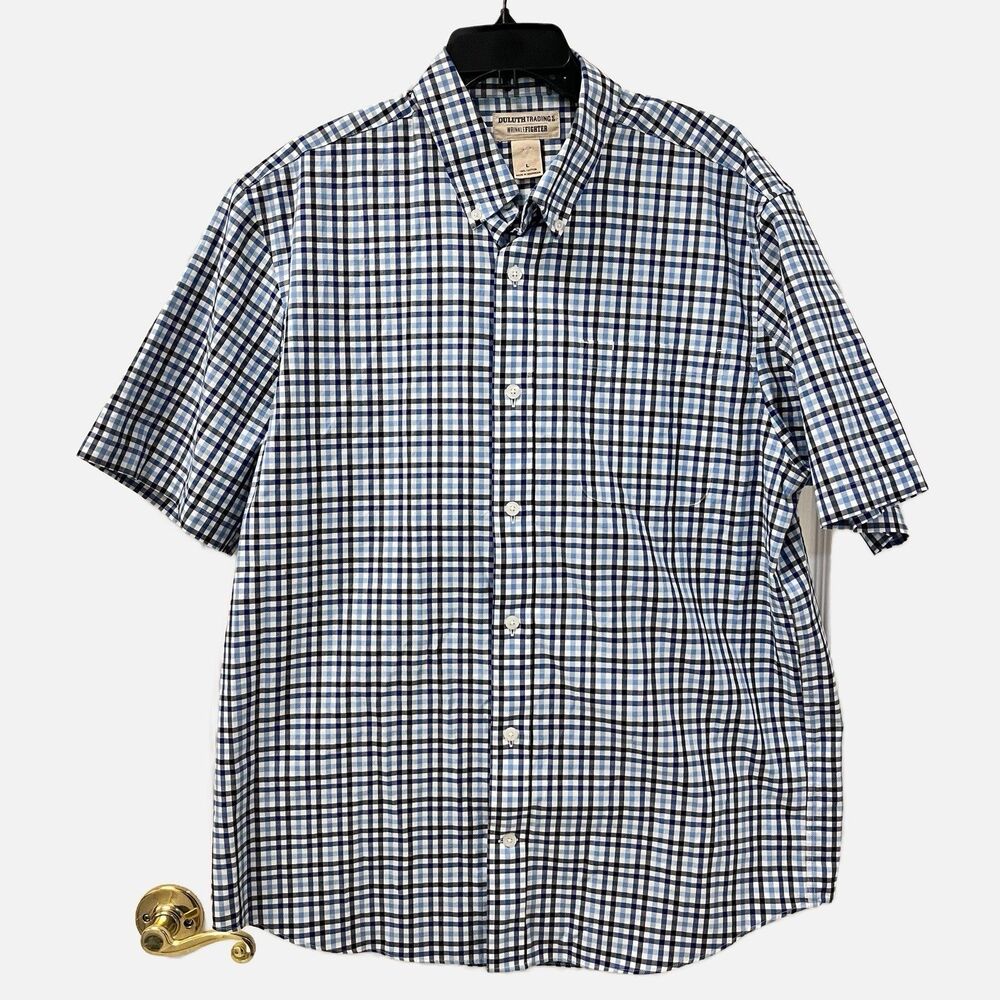 Duluth Trading Co. Wrinkle Fighter Blue Plaid Short Sleeve Shirt Size Large